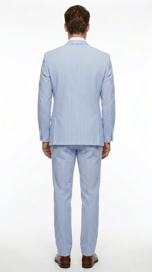 Cheap priced Suit - Mens 2 Button Jacket + Pants Summer Seersucker Blue Suit