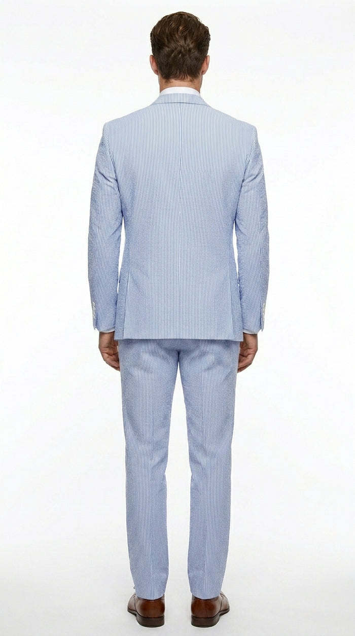 Cheap priced Suit - Mens 2 Button Jacket + Pants Summer Seersucker Blue Suit