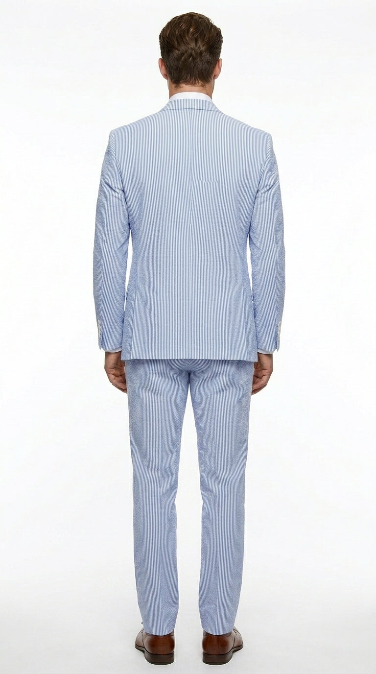 Cheap priced Suit - Mens 2 Button Jacket + Pants Summer Seersucker Blue Suit