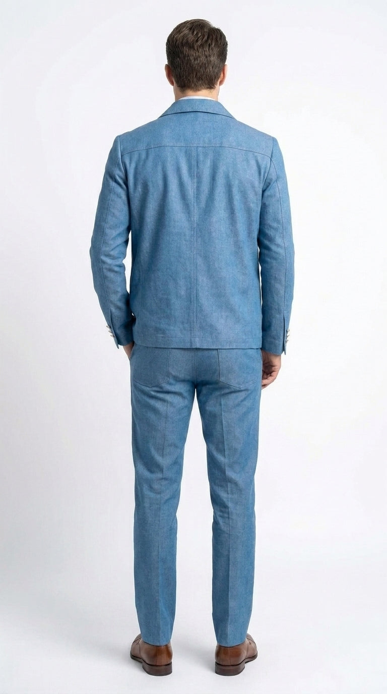 Men’s Light Blue Walking Suit – 2 Piece Casual Leisure Set with Zip Front Jacket Denim Style - Small
