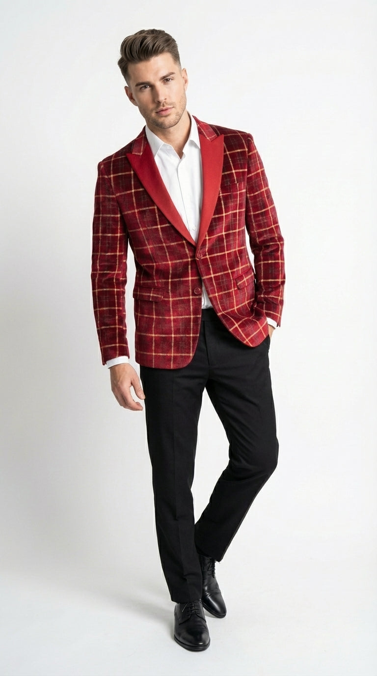 Mens Red Burgundy Plaid Blazer with Contrast Lapel – Velvet Fabric Check Prom Blazer Jacket for Party, Christmas New Year Holiday Jacket - 36 Short
