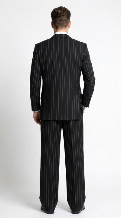 Men’s Black Pinstripe 3-Piece Suit Wool Suit  – Classic Fit Single Button Suit with Wide Leg Pleated Pants By Tiglio Russo