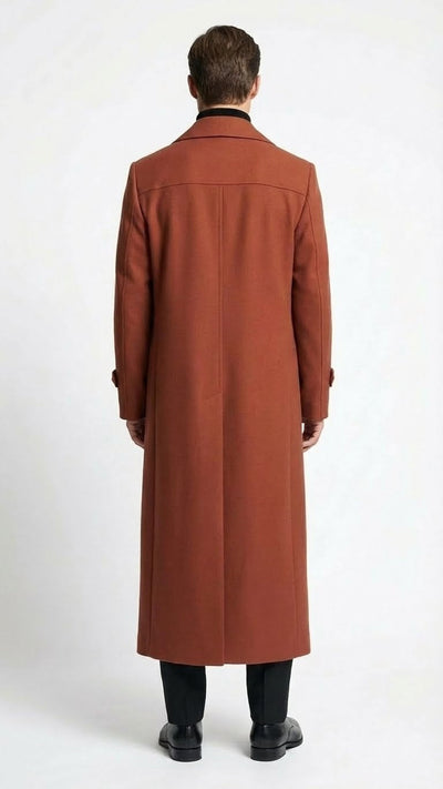 Mens Full-Length Cognac Overcoat Premium Wool-Blend Long Dress Coat for Winter and Formal Wear in Rust Brick Color