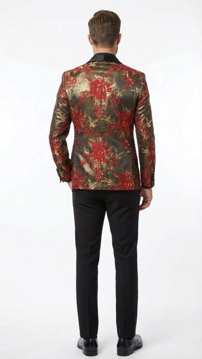 Mens Red and Gold Floral Pattern Paisley  Shawl Lapel | Luxury Evening and Party Wear Jacket Prom Christmas New Year Blazer