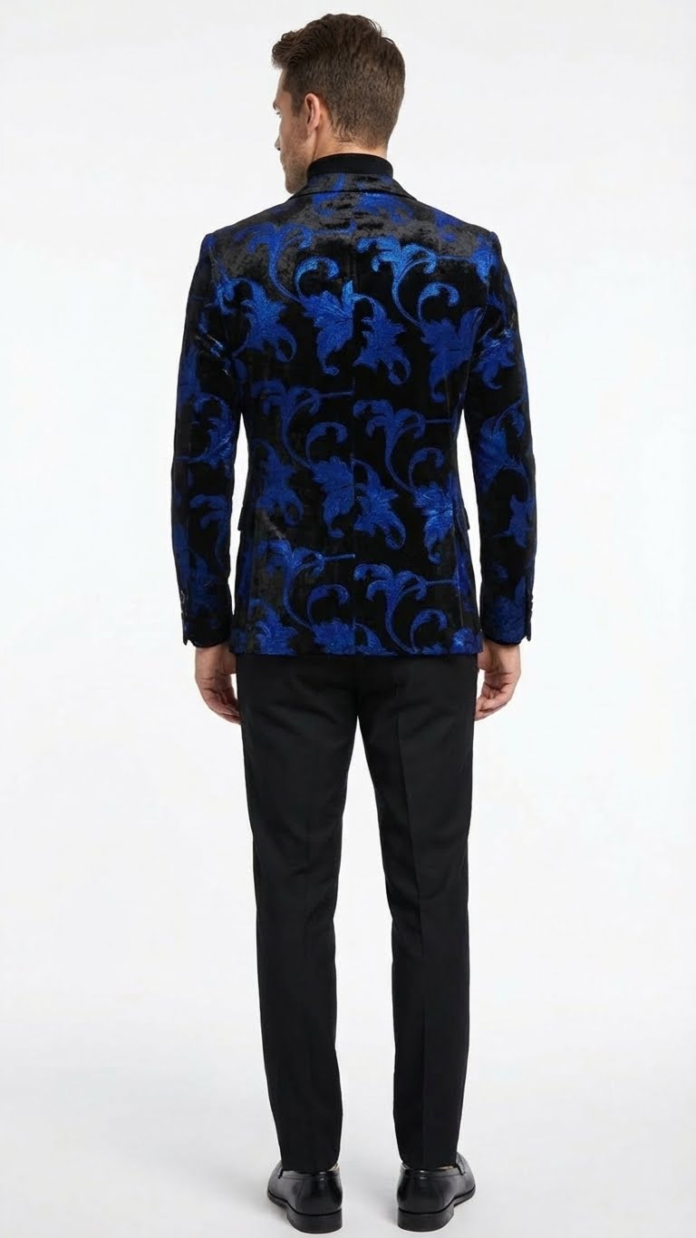 Men’s Black and Royal Blue Patterned Blazer – Paisley Floral Sport Coat Prom Jacket - 36 Short