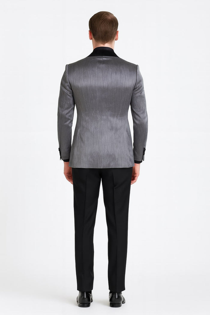 Silver Metallic Tuxedo Suit with Black Satin Peak Lapel Mens Slim Fit Formal Wedding and Prom Attire in Charcoal Grey With Pants