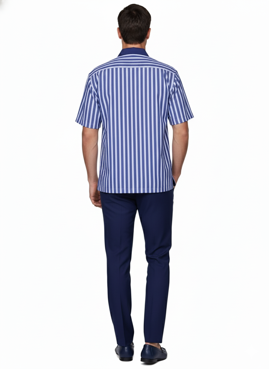 Men’s Blue and White Vertical Stripe Short Sleeve Shirt Set – Casual Summer Two-Piece Outfit - S