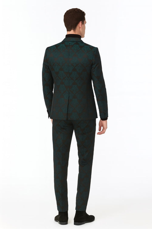 Mens Emerald Green Floral Jacquard 3-Piece Tuxedo Suit Slim Fit Formal Set with Blazer, Vest, and Pants Paisley Fabric - Ultra slim fitted
