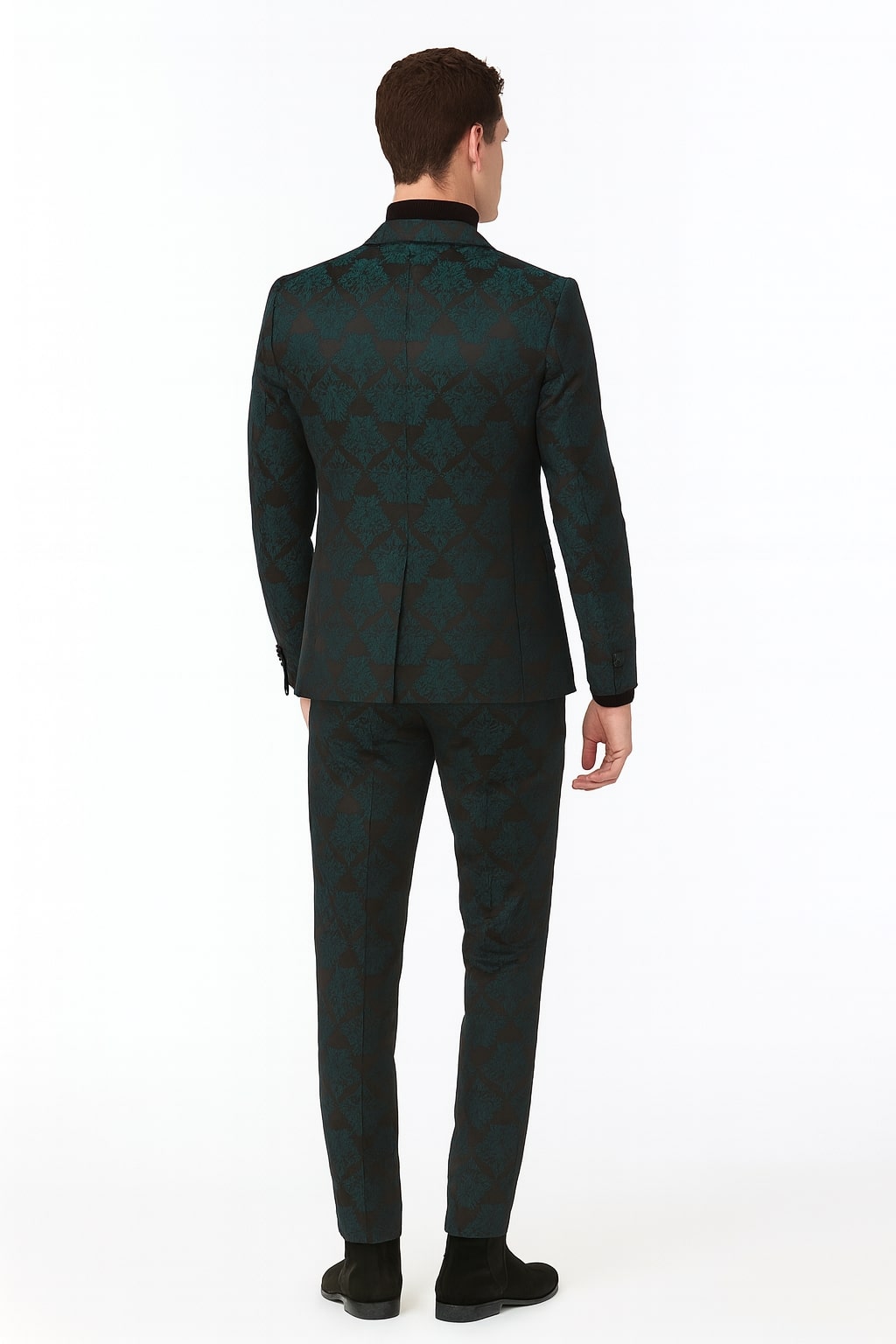 Men’s Emerald Green Floral Jacquard 3-Piece Tuxedo Suit – Slim Fit Formal Set with Blazer, Vest, and Pants Paisley Fabric - Ultra slim fitted - 34 Short or Extra Small