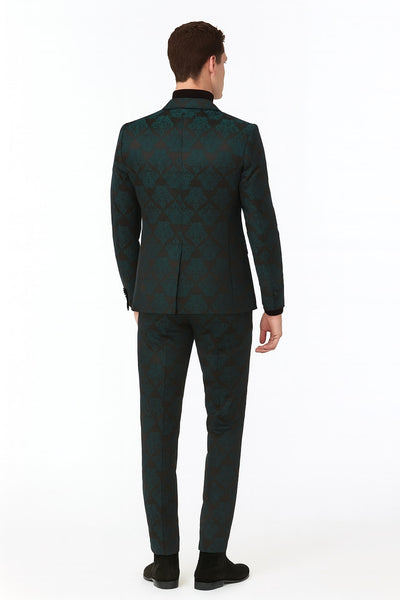 Mens Emerald Green Floral Jacquard 3-Piece Tuxedo Suits Slim Fit Formal Set with Blazer, Vest, and Pants Paisley Fabric - Ultra slim fitted