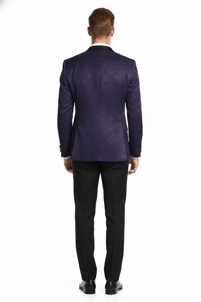 Mens Purple Paisley Tuxedo Jacket Ultra Slim Fit Dinner Blazer with Black Satin Peak Lapel
