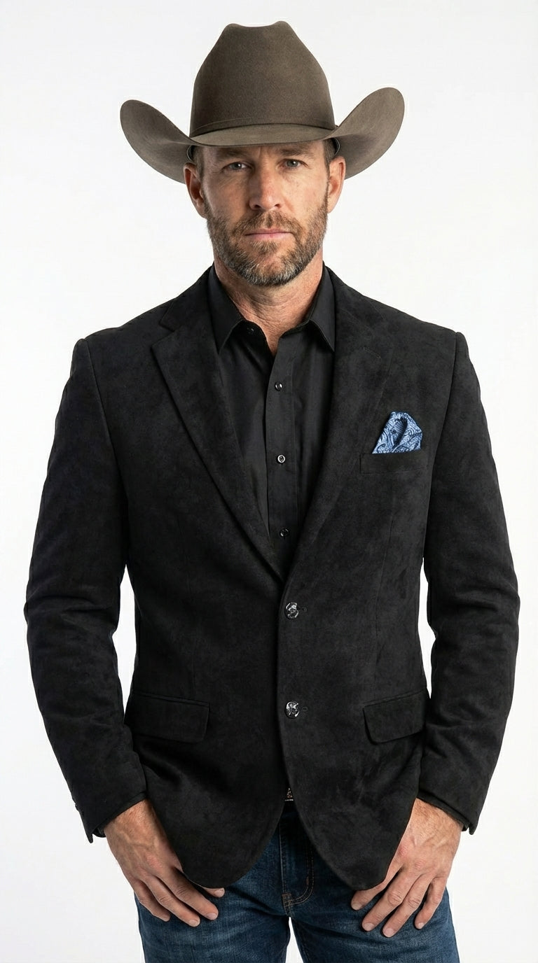 Men’s Black Suede Cowboy Blazer with Elbow Patch Sleeves – Black Western Style Suede Sport Coat for Casual and Smart Casual Wear - 36 Short