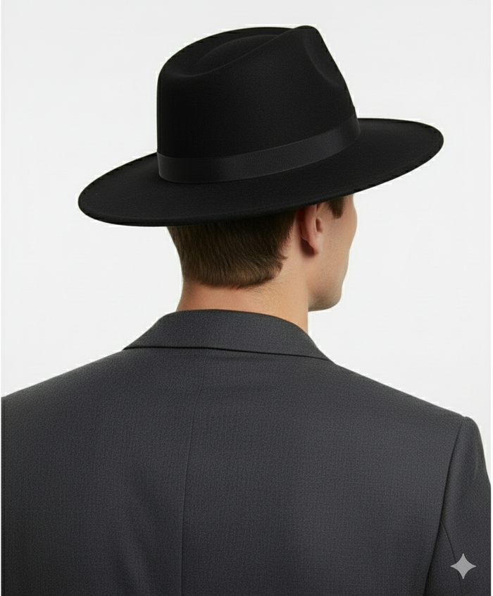 Mens Black Wide Brim Fedora Hat Classic Wool Felt Dress Hat with Matching Black Band