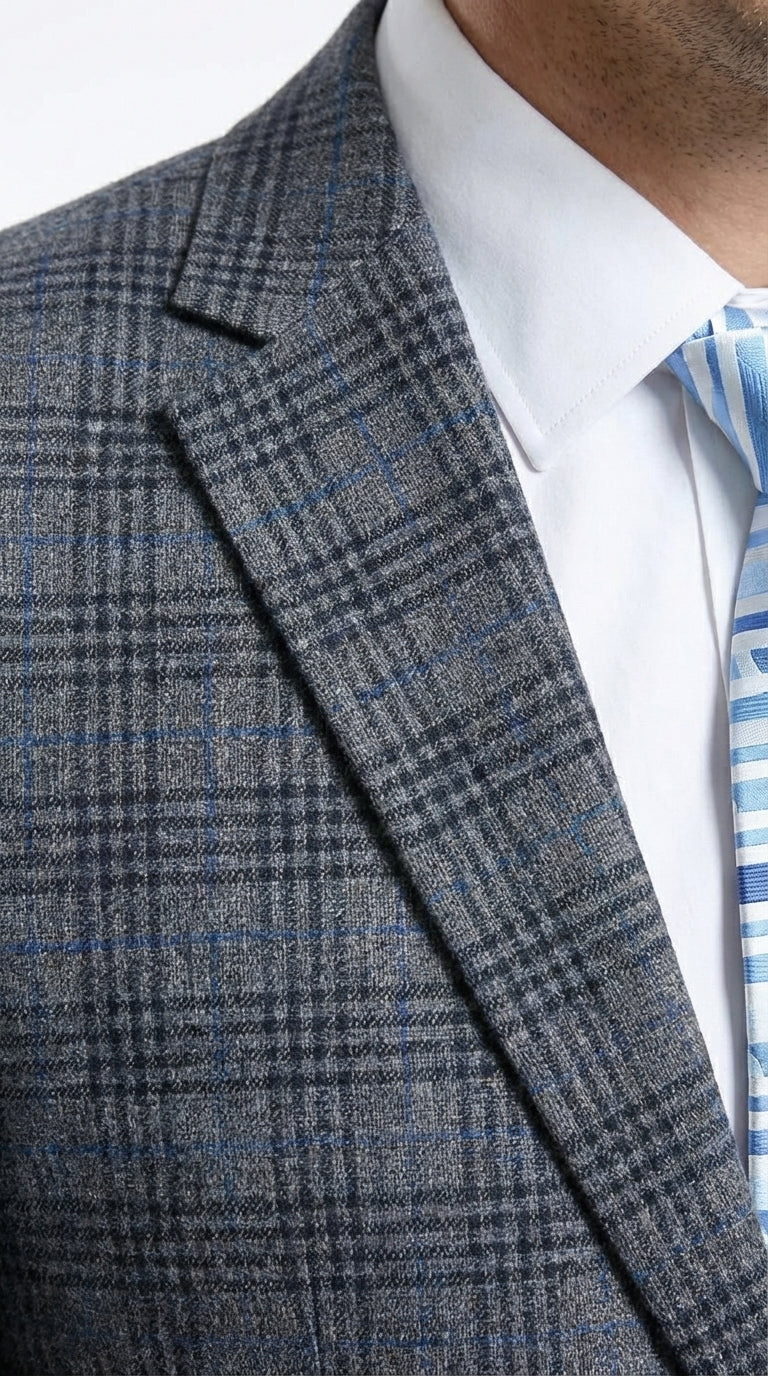 Mens Charcoal Gray with Blue Plaid Pattern Blazer Jacket – Classic Check Pattern Sport Coat for Business, Office, and Smart Casual Wear - 36 Short