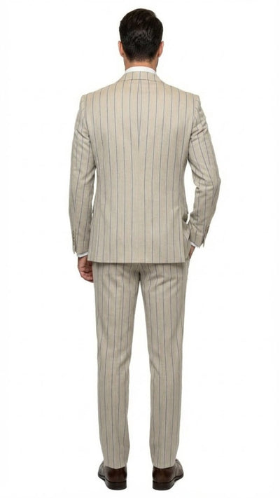 Men's Beige with blue Pinstripe Three-Piece Suit with Vest by Rossiman Vested Peak Lapel in Tan Stripe 1920s style