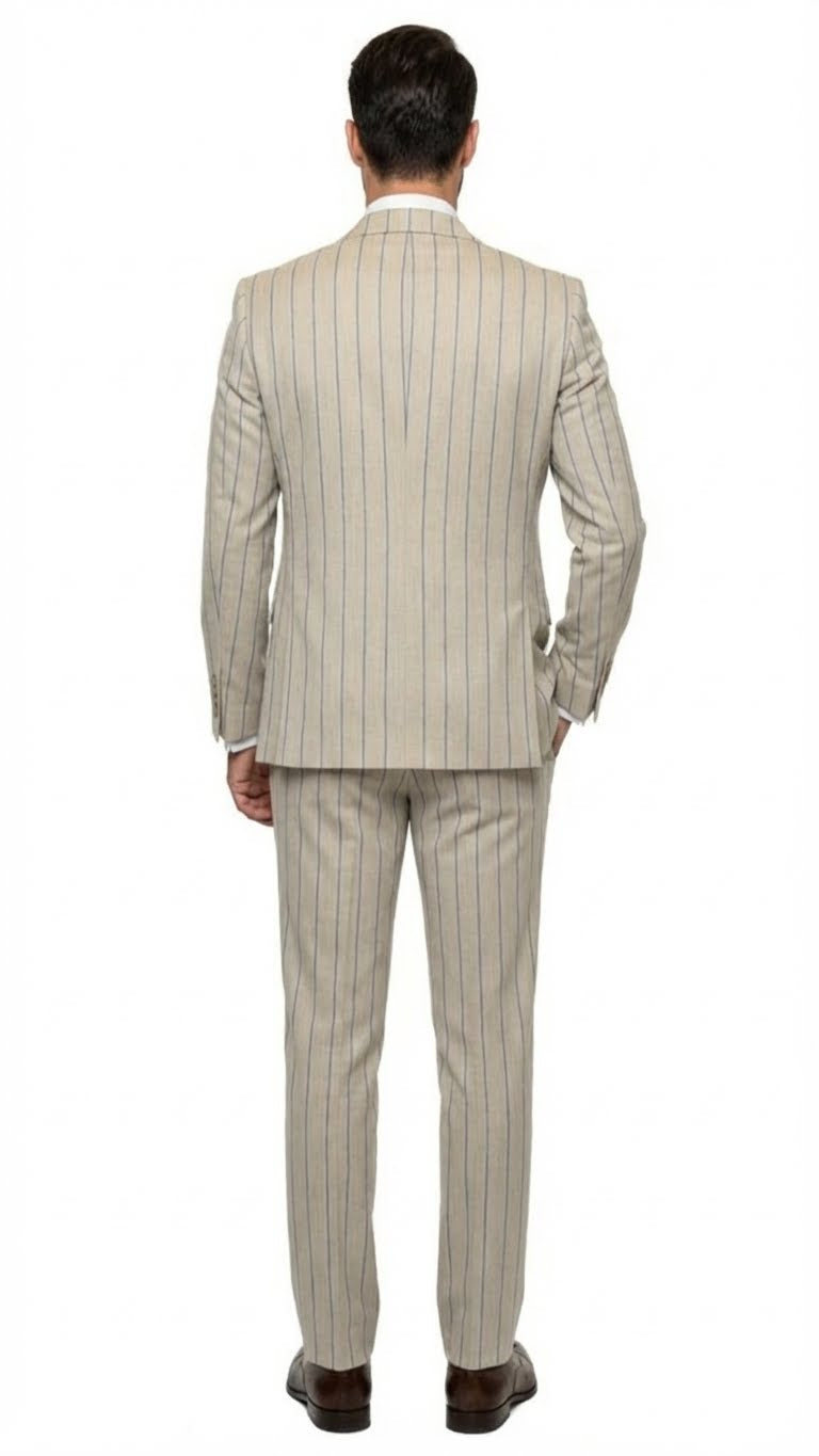 Men's Beige with blue Pinstripe Three-Piece Suit with Vest by Rossiman Vested Peak Lapel in Tan Stripe 1920s style - 34 Short or Extra Small