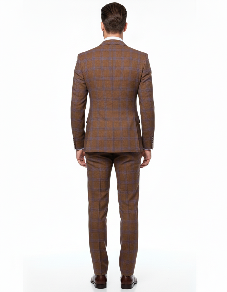 Mens Brown Plaid Double-Breasted Suit Premium 2-Piece Classic Checkered Windowpane Suit by Rossiman - 34 Short or Extra Small