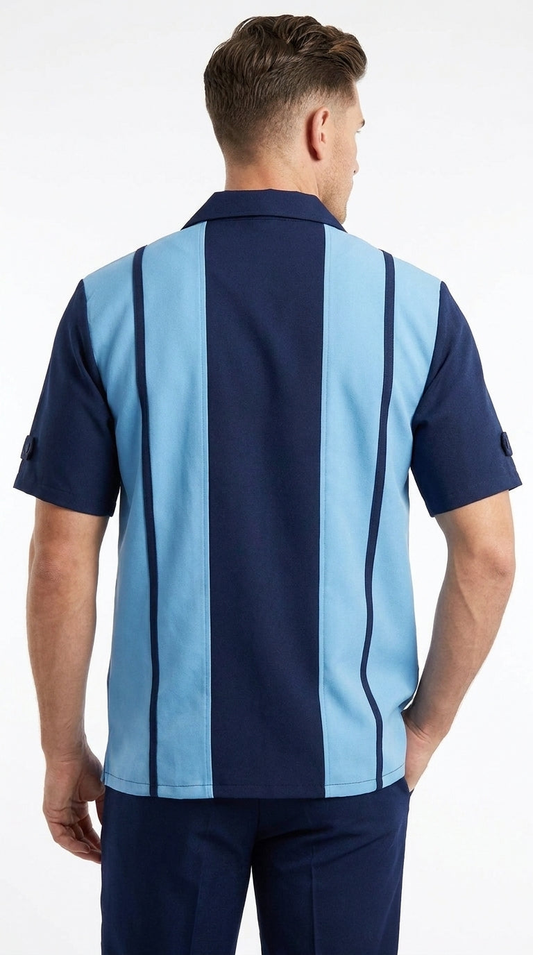 Men’s Navy and Sky Blue Walking Suit – 2-Piece Short Sleeve Casual Leisure Outfit - Small