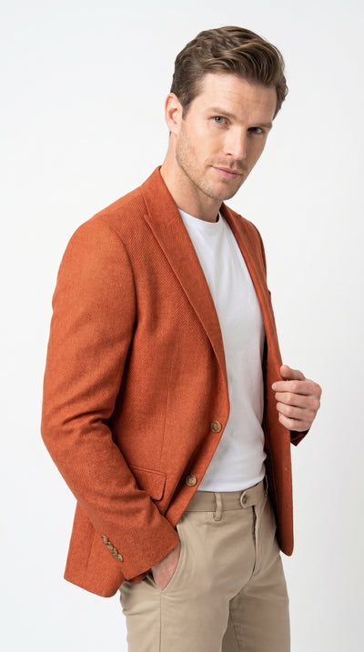 Mens Terri Papaya Sport Coat Blazer Weave Texture Pattern, Orange Coral Dress Jacket Rust Copper Bricke Color