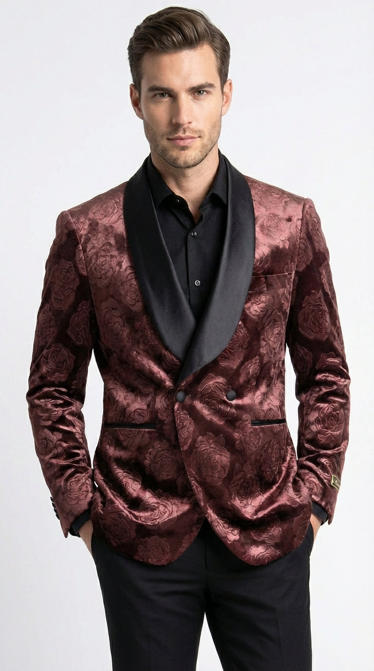 Mens Rust Copper Brick color Floral Jacquard Pasiley Blazer – Pattern Dinner Jacket with Black Shawl Lapel for Formal dinners and Wedding - 36 Short