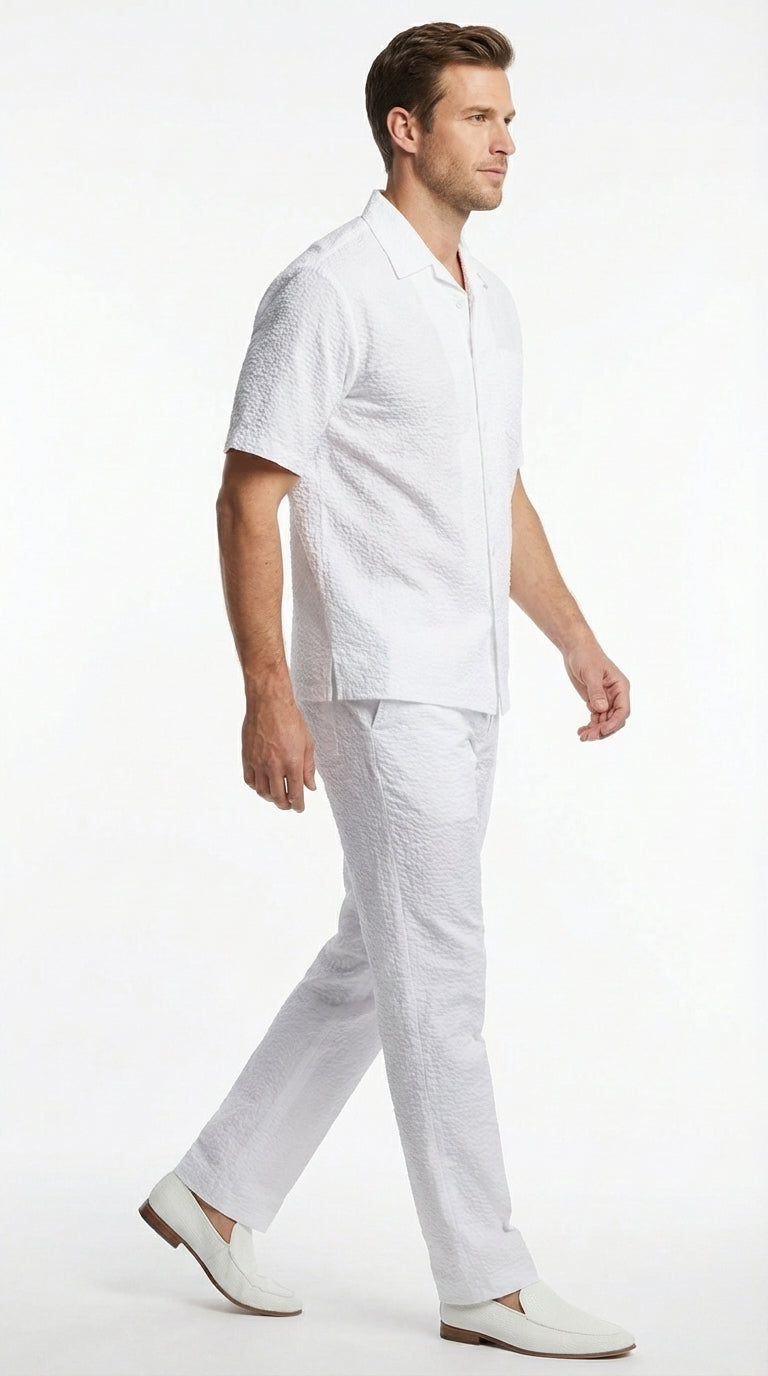 Mens White Seersucker Walking Suit Set – Casual Summer Short Sleeve Outfit with Matching Pants Lightweight Two Piece Set - S