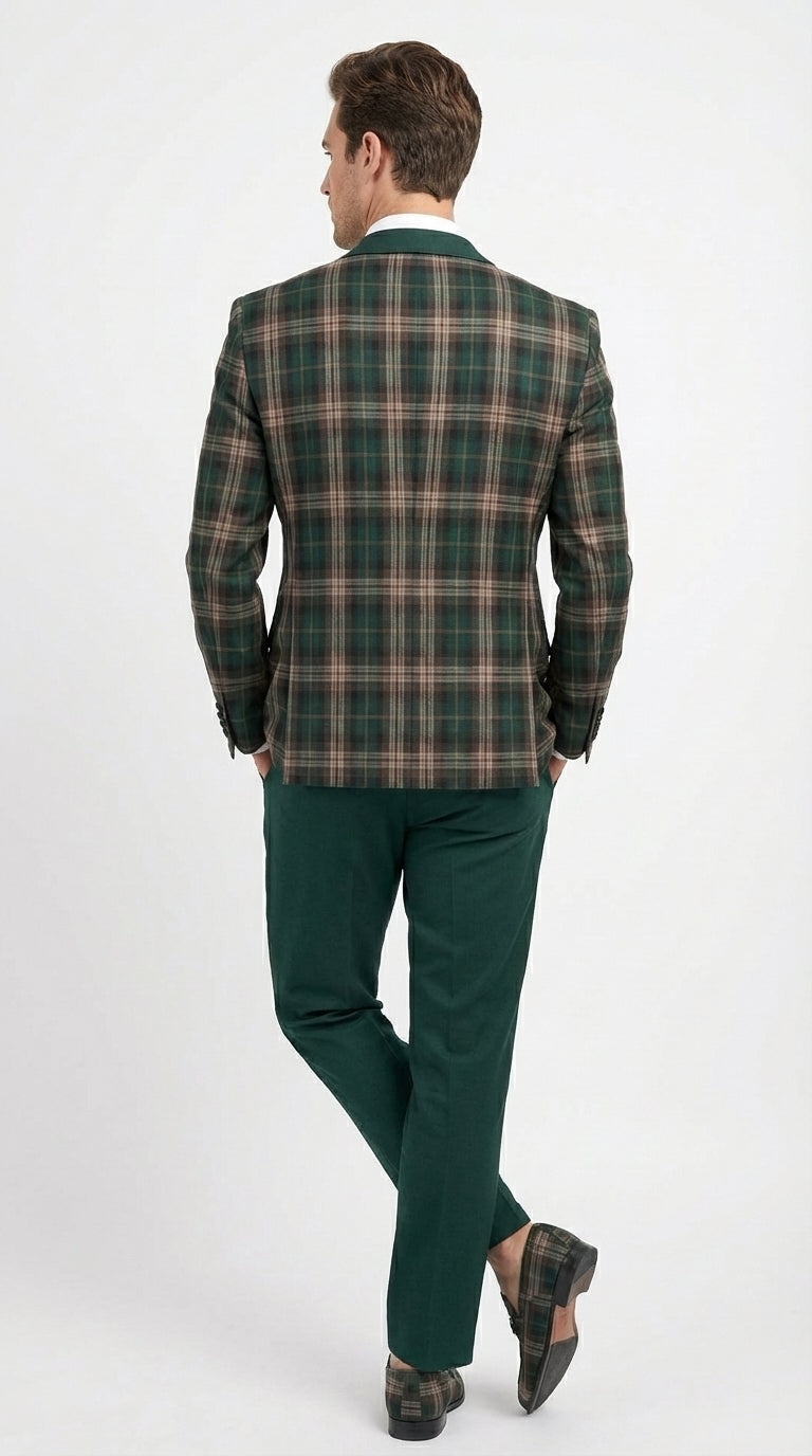Mens Tartan Green and Brown Blue Plaid Tuxedo Dinner Jacket Set – Checkered Prom Blazer with Dark Green Pants Formal Wedding Party Wear - 36 Short