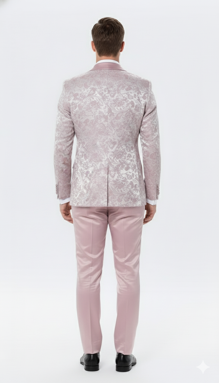Mens Light Pink Dusty Rose -  Floral Tuxedo Suit Luxury Satin Shawl Lapel 3-Piece Formal Wedding and Prom Suit in Blush Mauve color