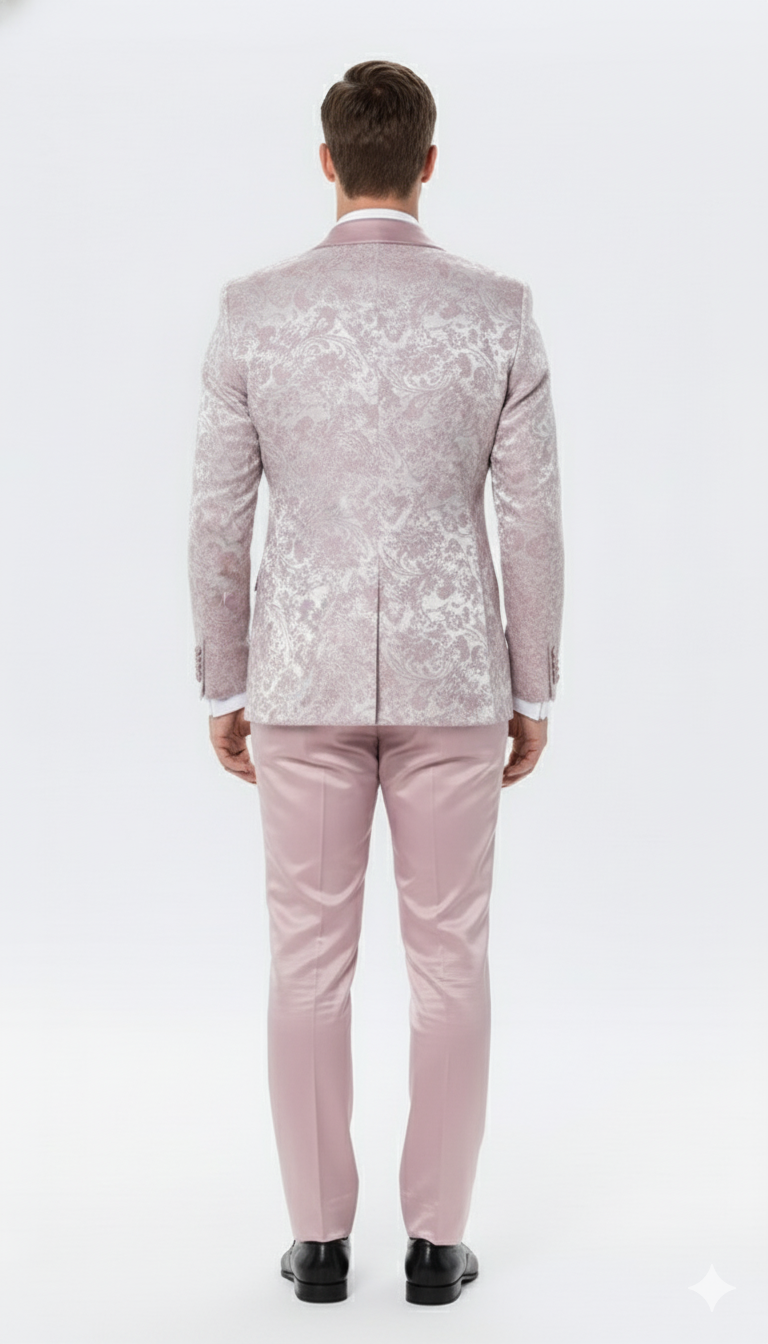 Men’s Light Pink Dusty Rose -  Floral Tuxedo Suit – Luxury Satin Shawl Lapel 3-Piece Formal Wedding and Prom Suit in Blush Mauve color - 34 Short or Extra Small