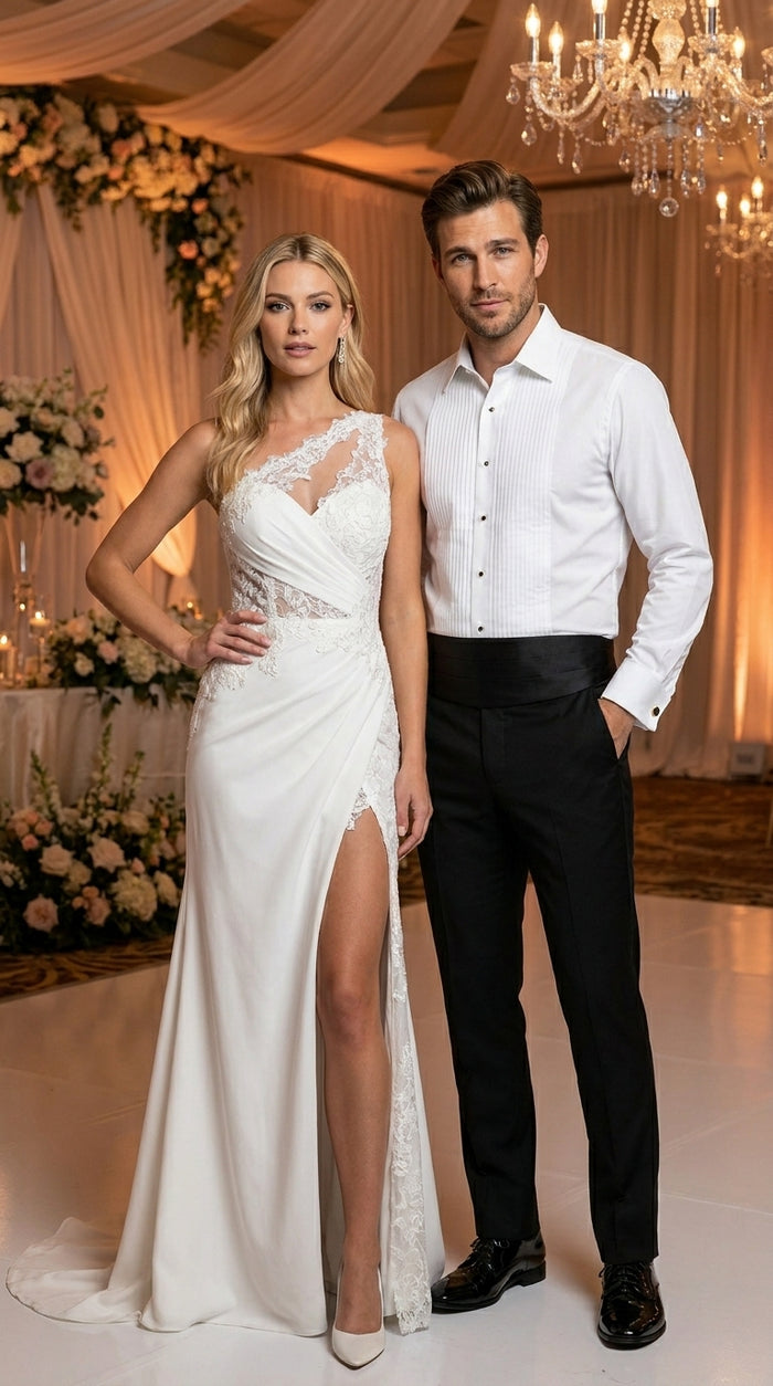 Men’s White Cotton Tuxedo Shirt with Spread Collar, French Cuffs and Pleated Front
