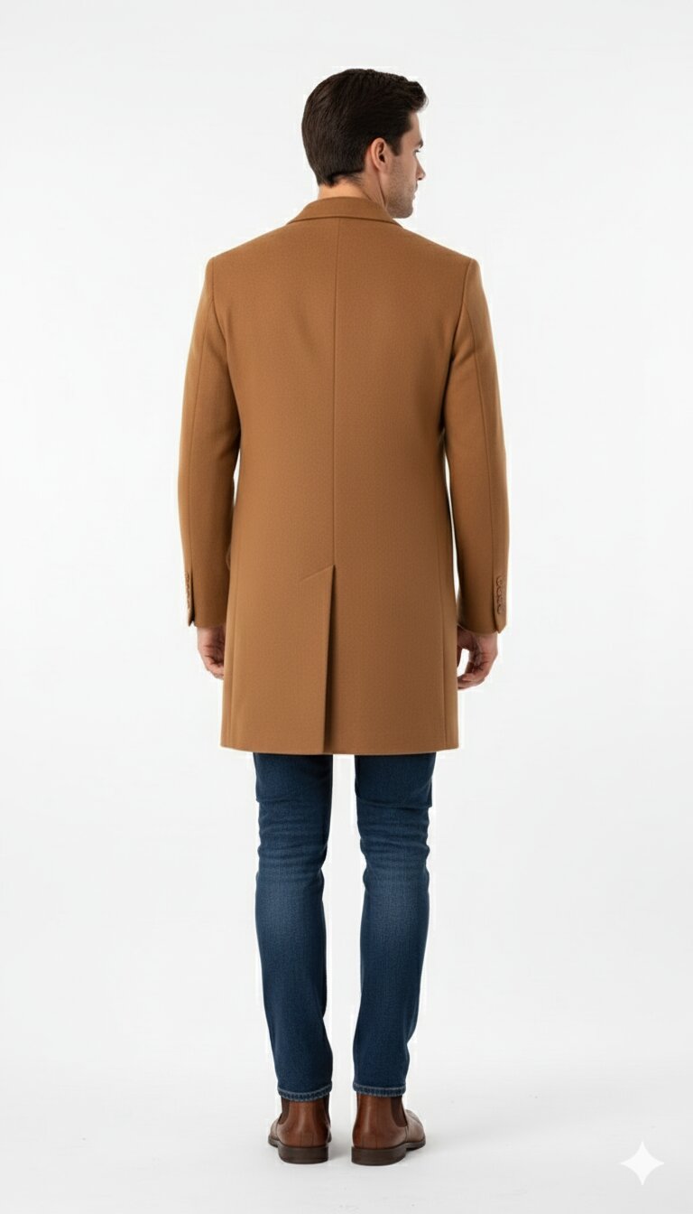 Mens Camel Brown Wool Top Coat Classic Long Overcoat for Formal and Casual Wear in rust copper