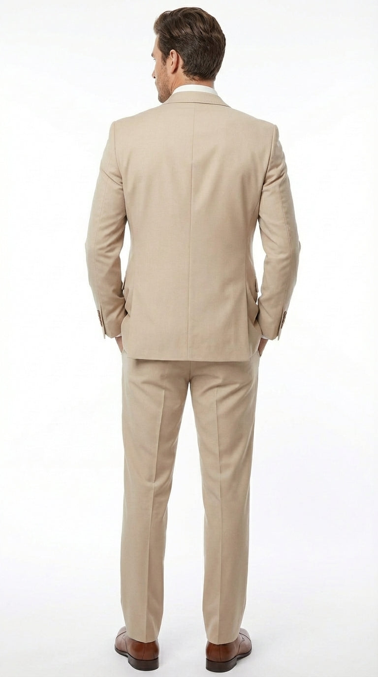 Men’s Tan Beige 3 Piece Tuxedo Suit – Beige Formal Suit Set with Vest, Patterned Lapel and Tie for Wedding, Prom in Tan Khaki Color - 34 Short or Extra Small