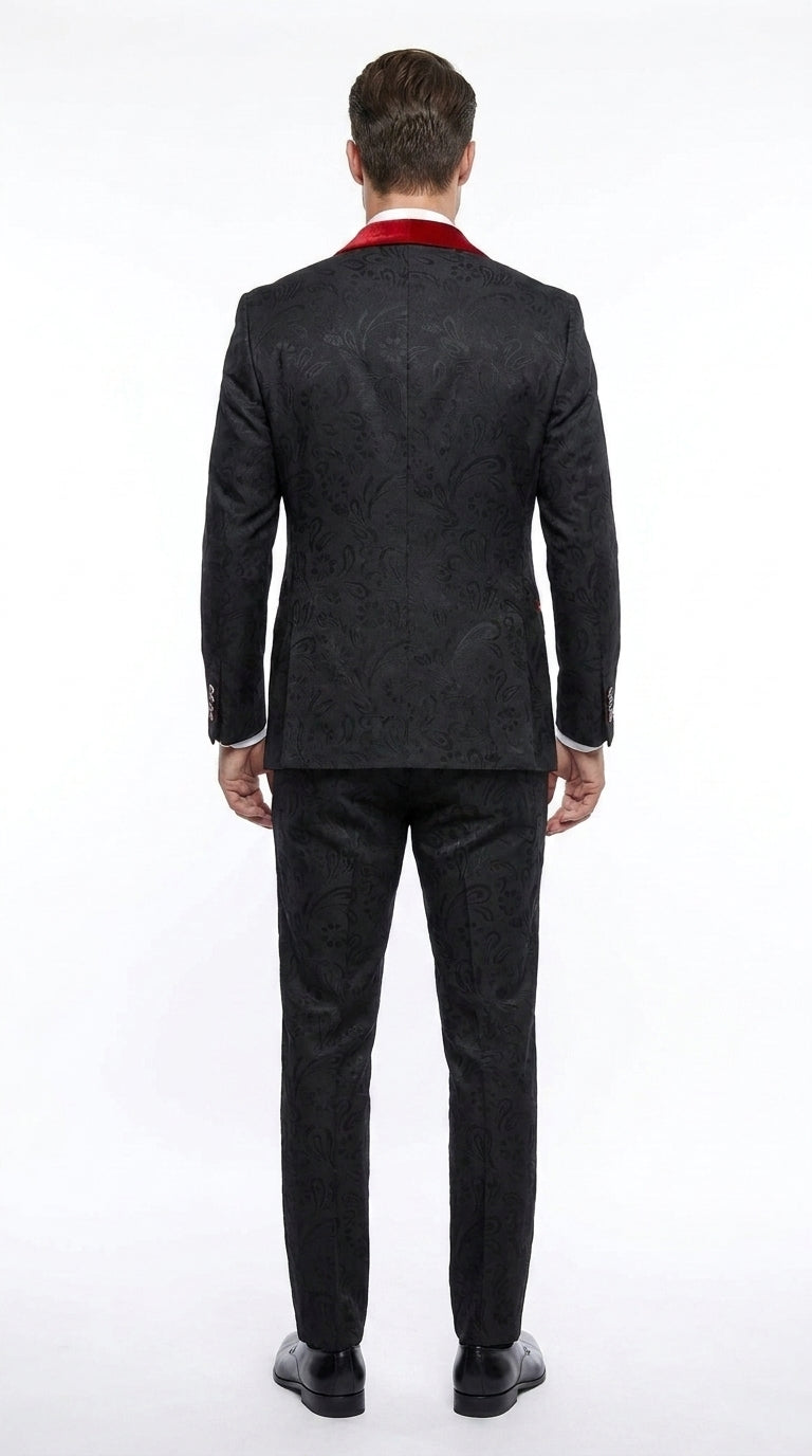 Men’s Black Paisley Tuxedo with Red Velvet Shawl Lapel – 3 Piece Wedding Prom Suit With Matching Bowtie - 34 Short or Extra Small