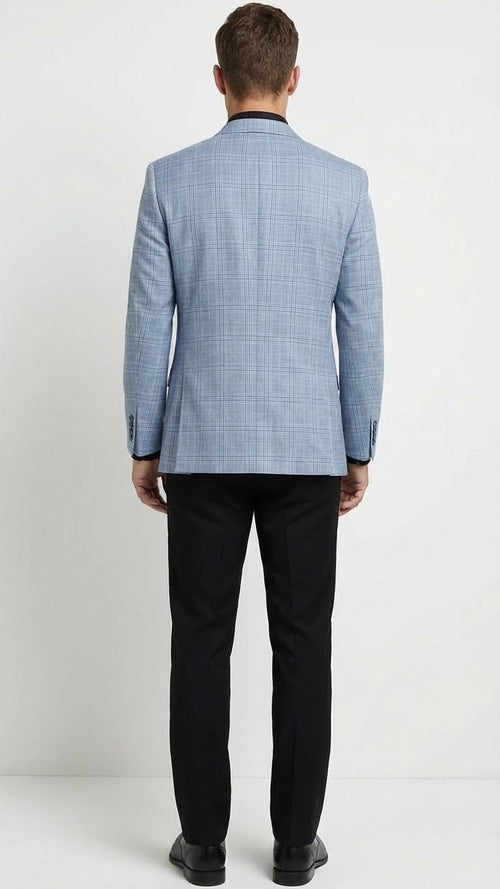 Mens Big and Tall Light Blue Checkered Blazer and Sport Coat Sky powder blue windowpane plaid pattern Jacket
