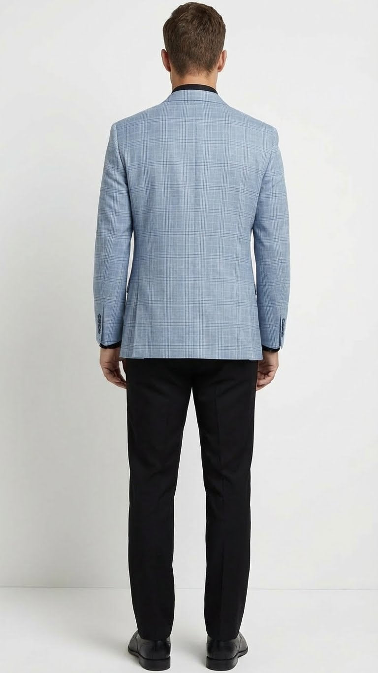 Men’s Big and Tall Light Blue Checkered Blazer and Sport Coat – Sky powder blue windowpane plaid pattern Jacket - 36 Short