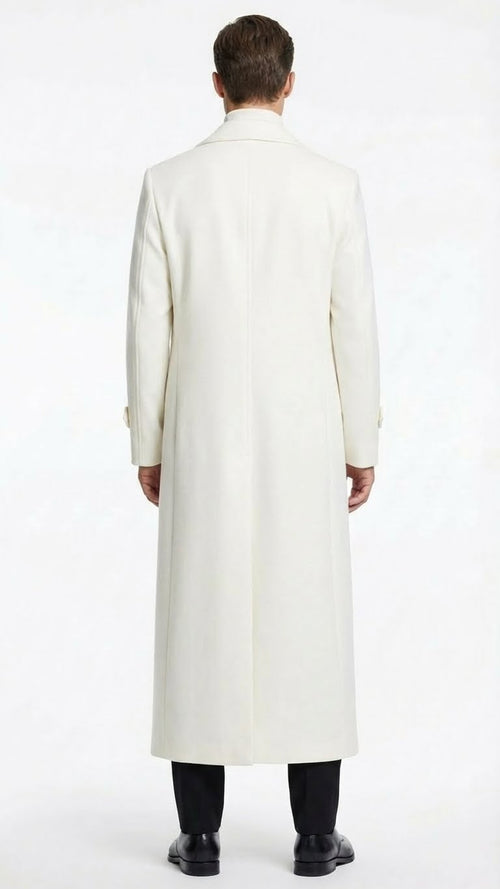 Mens Off-White Long Trench Coat Overcoat with Classic Clean Design Duster Maxi Coat in Ivory Color