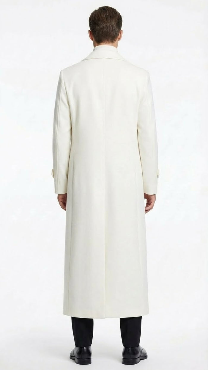 Mens Off-White Long Trench Coat Overcoat with Classic Clean Design Duster Maxi Coat in Ivory Color