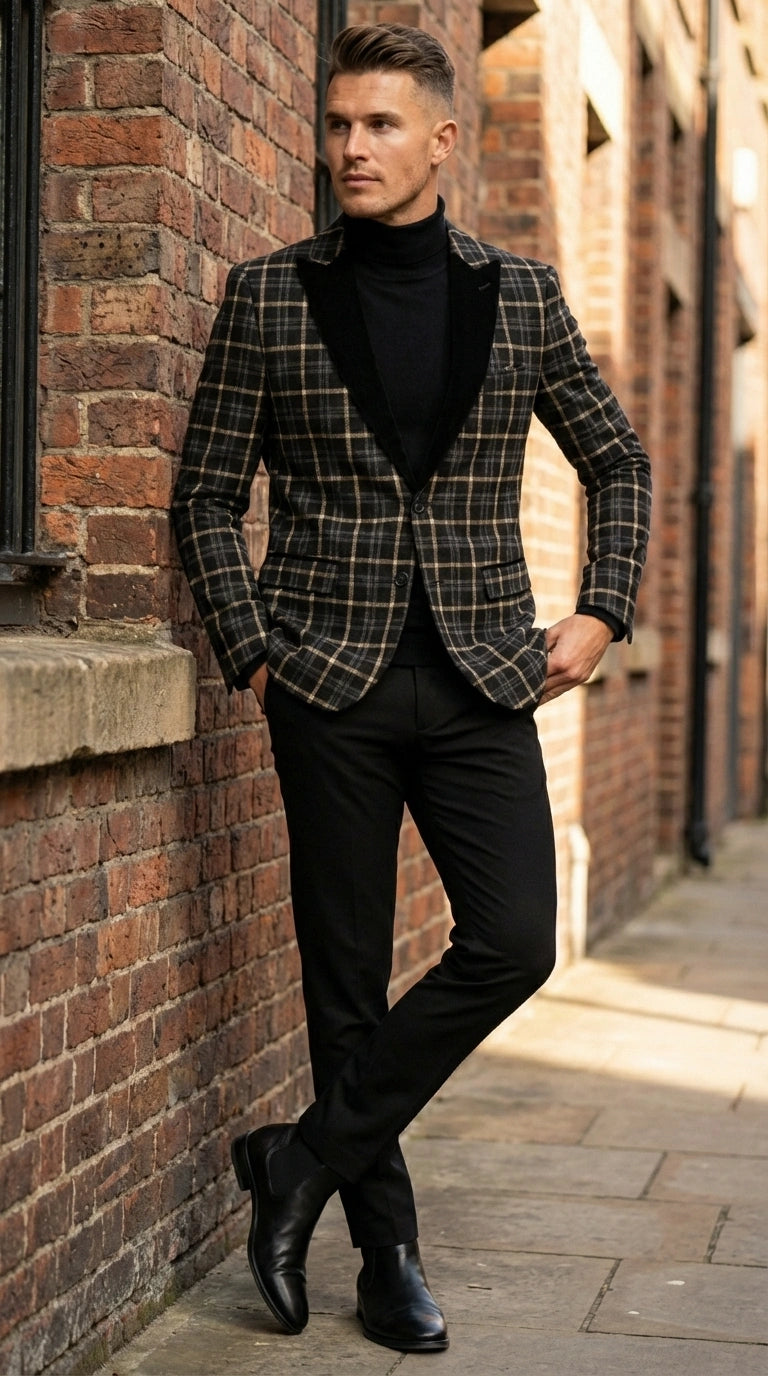 Mens Tartan Black and Gold Check Blazer – Windowpane Plaid Sport Coat Velvet Lapel Formal Party Jacket Chirsitmas New Year Holiday Jacket - 36 Short