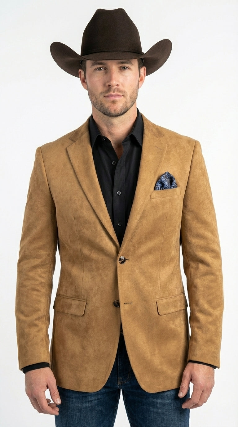Men’s Camel Suede Cowboy Blazer with Elbow Patch – Camel Western Style Suede Sport Coat for Casual - 36 Short