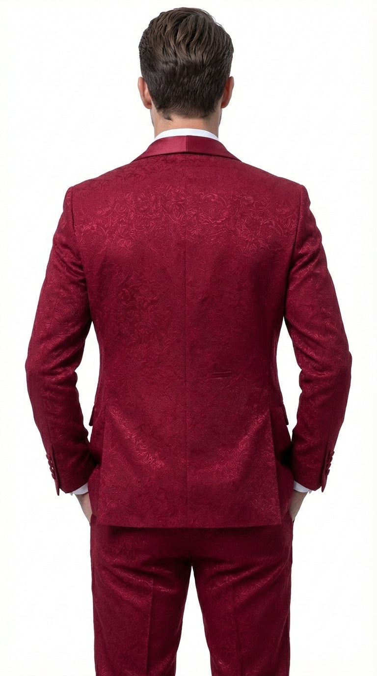 Mens Burgundy Wedding Tuxedo Suit – Paisley Three Piece Formal Suit Set with Shawl Lapel for Groom, Prom - 34 Short or Extra Small