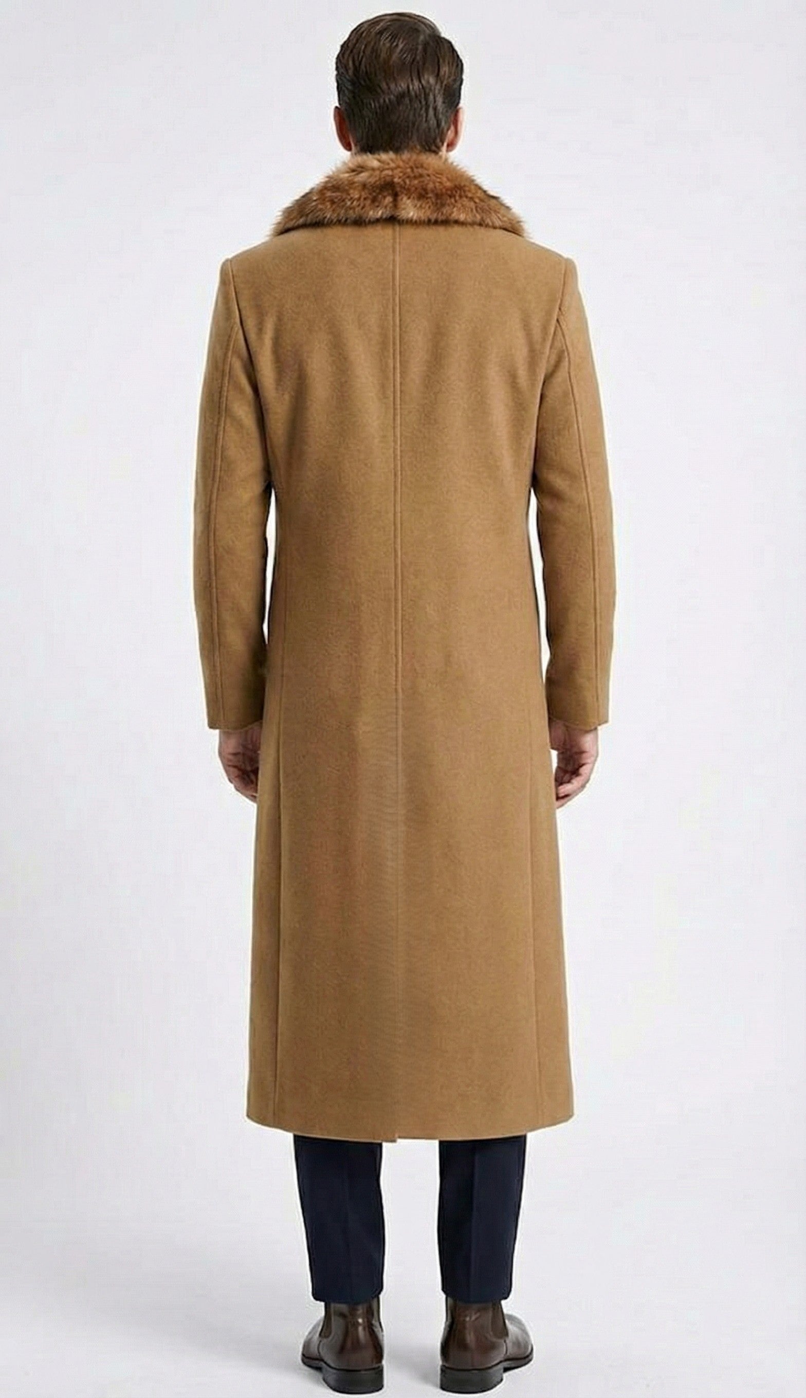 Men's Camel Brown Long Overcoat with Faux Fur Collar, Classic Winter Topcoat for Formal and Business Wear - Coat Size 34