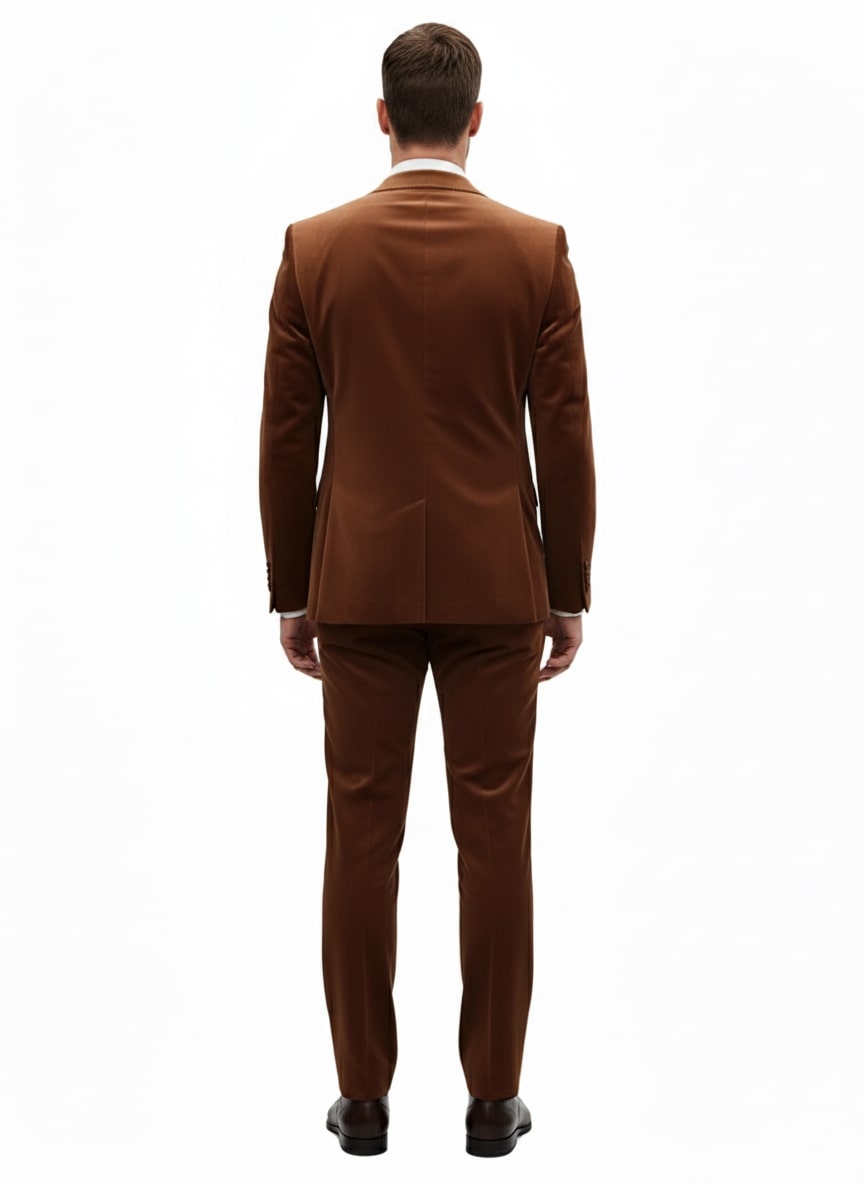 Mens Brown Velvet 2-Piece Suit – Luxury Slim Fit Formal Blazer and Pants Set in Rust Copper Color - 36R
