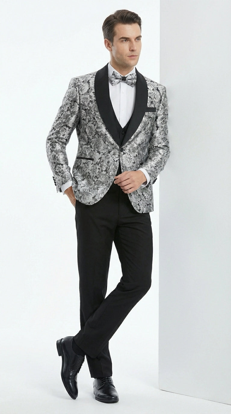 Mens Black and Silver Floral Tuxedo – Luxury Patterned Wedding, Prom and Formal Dinner Tuxedo - 34 Short or Extra Small