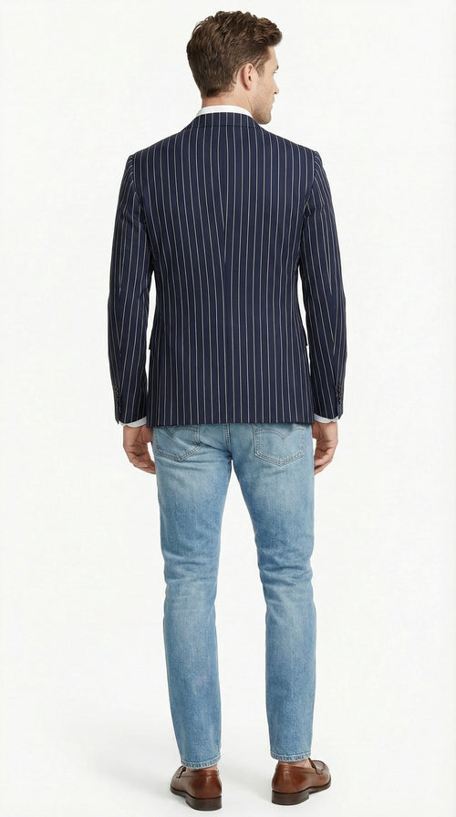 Mens Navy Blue Pinstripe Blazer Classic Tailored Formal Jacket for Business, Office and Smart Casual Wear