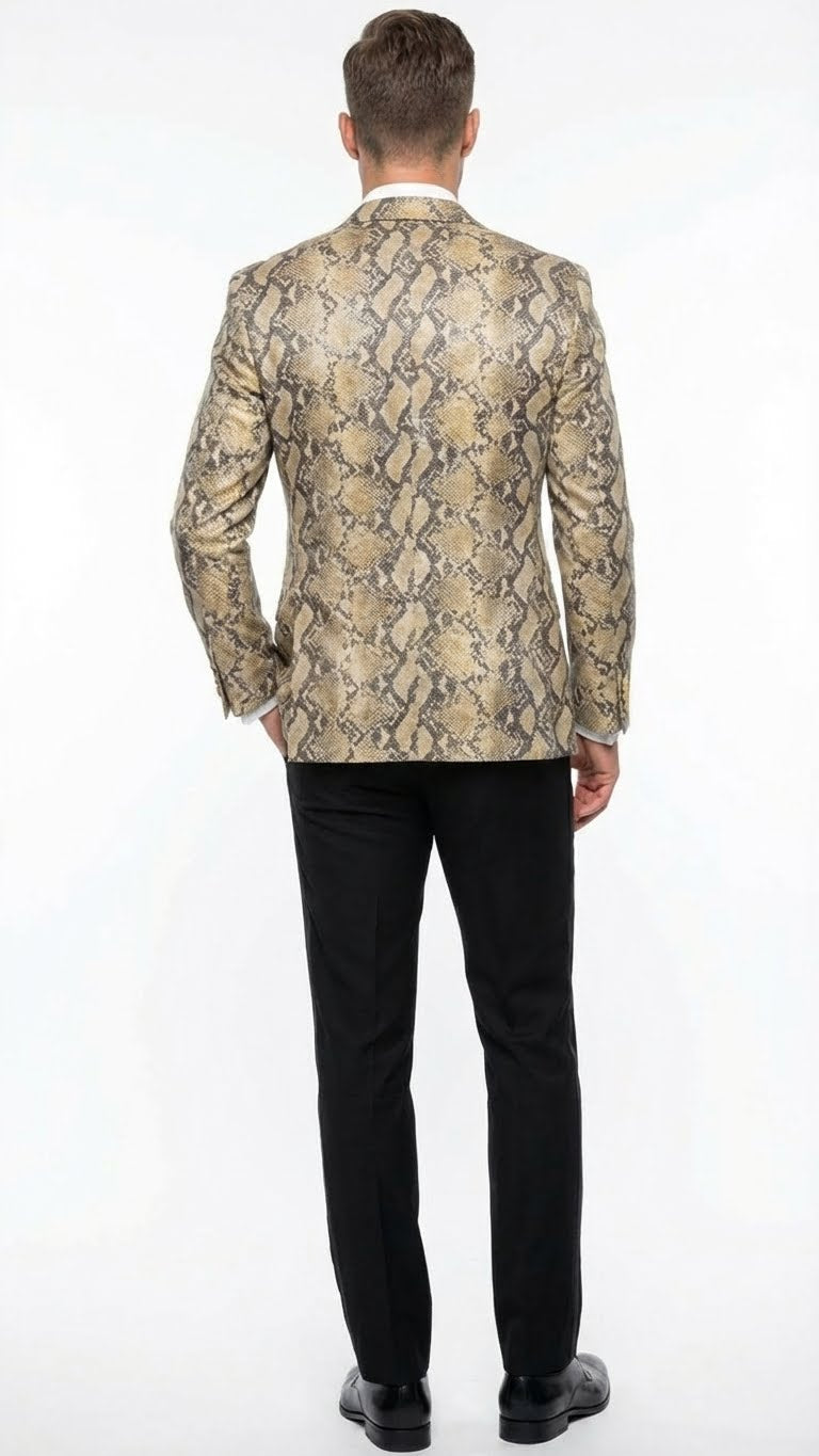 Men’s Beige and Black Snakeskin Print Blazer – Alligator Crocodile Exotic Sking Sport Coat Jacket in Tan Camel Color - 36 Short