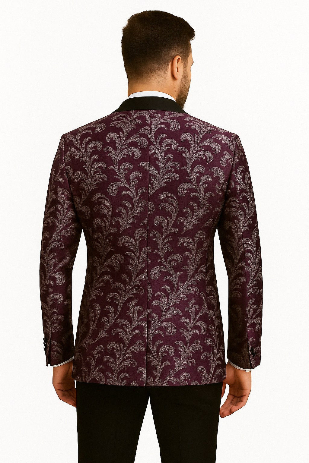 Mens Purple and White Paisley Floral Brocade Tuxedo Jacket - Suit with Satin Lapel Wtih Black Pants - 34 Short or Extra Small