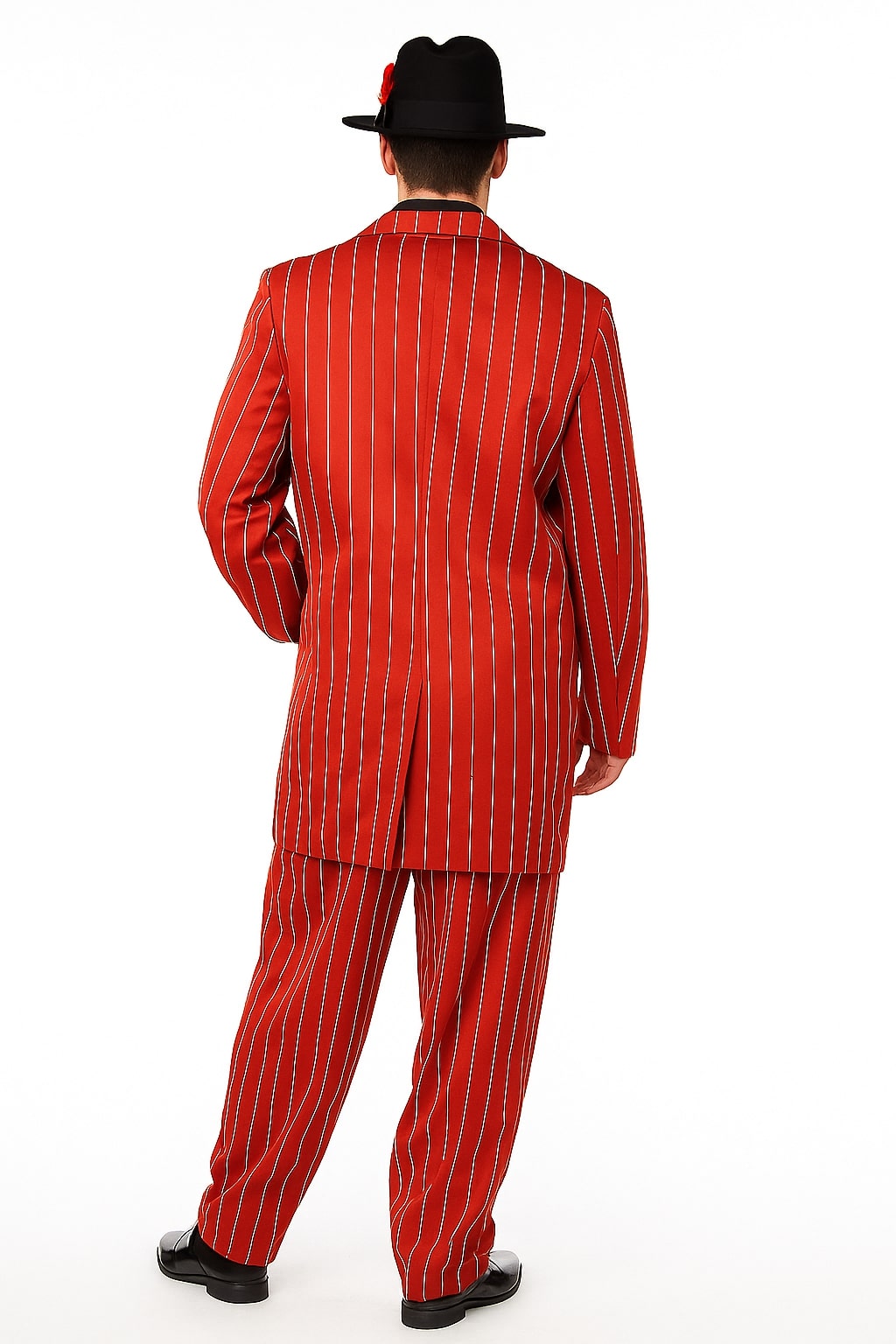 Menâ€™s Red Pinstripe Zoot Suit â€“ 1920s Gangster Pimp Style with Long Jacket & Matching Hat - 34 Short or Extra Small