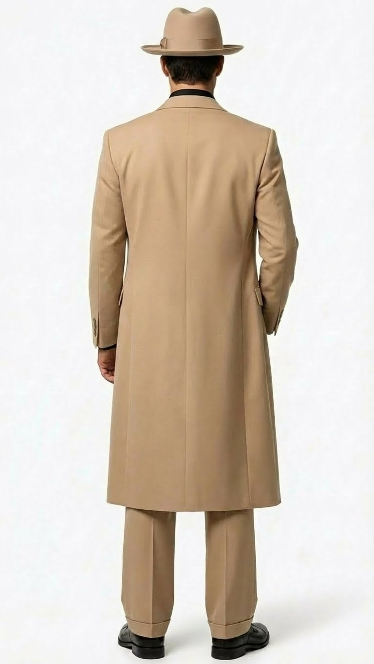 Men’s 1920s Beige Zoot Suit – Long Mafia Gangster Three-Piece Suit in Tan Khaki Color 40 inch Zuit Pachuco Suit - 34 Short or Extra Small