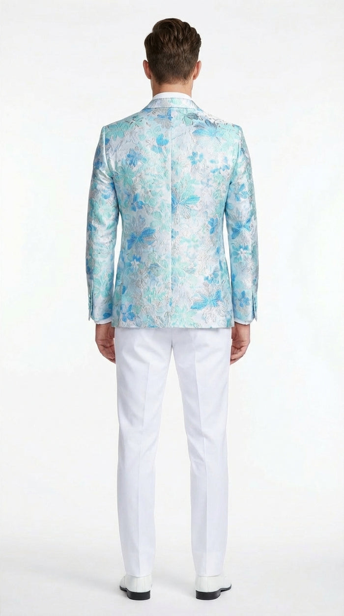 Mens Light Blue Floral Jacquard Tuxedo Jacket with Matching Bow Tie | Formal Prom Wedding Blazer + Bowtie Turqoise Aqua Color