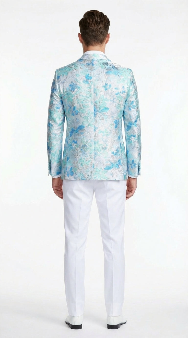 Mens Light Blue Floral Jacquard Tuxedo Jacket with Matching Bow Tie | Formal Prom Wedding Blazer + Bowtie Turqoise Aqua Color