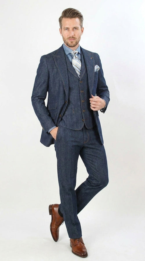 Men’s Pleated Pants Dark Blue Denim 3 Piece Suit – 100% Cotton Formal Suit Set, Blazer Vest Pants Outfit Classic Fit Athletic Fit Lose Fit